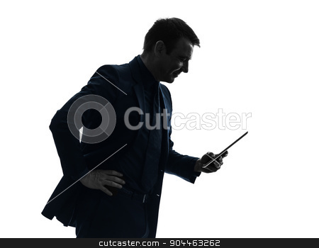 To use this stock image in your creative project, please select the size you need over to the right and click the "Add to Cart" button.
Your downloaded image will come with the Cutcaster watermark removed so don’t worry about the watermark you see on this page. business man digital tablet smiling silhouette stock photo, one business man holding digital tablet smiling in silhouette on white background by Ishadow