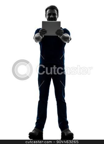 To use this stock image in your creative project, please select the size you need over to the right and click the "Add to Cart" button.
Your downloaded image will come with the Cutcaster watermark removed so don’t worry about the watermark you see on this page. man holding watching digital tablet silhouette stock photo, one man holding watching digital tablet in silhouette on white background by Ishadow