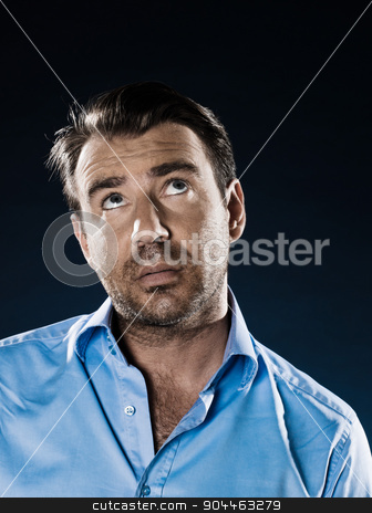 To use this stock image in your creative project, please select the size you need over to the right and click the "Add to Cart" button.
Your downloaded image will come with the Cutcaster watermark removed so don’t worry about the watermark you see on this page. Man Portrait Despair Beg stock photo, man unshaven pensive looking up portrait isolated studio on black background by Ishadow