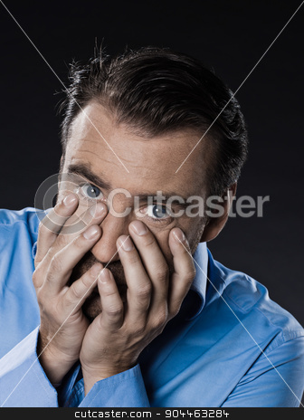 To use this stock image in your creative project, please select the size you need over to the right and click the "Add to Cart" button.
Your downloaded image will come with the Cutcaster watermark removed so don’t worry about the watermark you see on this page. Man Portrait Despair Beg stock photo, man unshaven fear hiding portrait isolated studio on black background by Ishadow