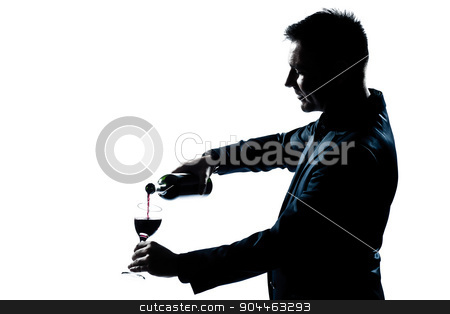 To use this stock image in your creative project, please select the size you need over to the right and click the "Add to Cart" button.
Your downloaded image will come with the Cutcaster watermark removed so don’t worry about the watermark you see on this page. man portrait pouring wine in a glass silhouette stock photo, one man portrait pouring wine in a glass silhouette in studio isolated white background by Ishadow