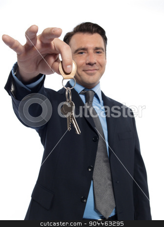 To use this stock image in your creative project, please select the size you need over to the right and click the "Add to Cart" button.
Your downloaded image will come with the Cutcaster watermark removed so don’t worry about the watermark you see on this page. Man Businessman realtor teasing holding offering keys stock photo, one realtor man real estate agent businessman teasing holding offering keys isolated studio on white background by Ishadow