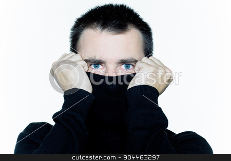 To use this stock image in your creative project, please select the size you need over to the right and click the "Add to Cart" button.
Your downloaded image will come with the Cutcaster watermark removed so don’t worry about the watermark you see on this page. man hiding behind his turtle polo neck afraid stock photo, man portrait expressing portrait on studio isolated white background by Ishadow