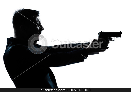 To use this stock image in your creative project, please select the size you need over to the right and click the "Add to Cart" button.
Your downloaded image will come with the Cutcaster watermark removed so don’t worry about the watermark you see on this page. silhouette man portrait with gun stock photo, one spy criminal policeman detective man holding gun portrait silhouette in studio isolated white background by Ishadow