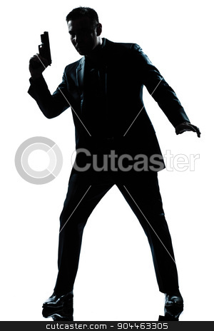 To use this stock image in your creative project, please select the size you need over to the right and click the "Add to Cart" button.
Your downloaded image will come with the Cutcaster watermark removed so don’t worry about the watermark you see on this page. silhouette man spy holding gun stock photo, one spy criminal policeman detective man holding gun full length silhouette in studio isolated white background by Ishadow