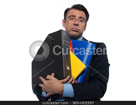 To use this stock image in your creative project, please select the size you need over to the right and click the "Add to Cart" button.
Your downloaded image will come with the Cutcaster watermark removed so don’t worry about the watermark you see on this page. Man Portrait holding files stock photo, man businessman holding folders bored overload isolated studio on white background by Ishadow