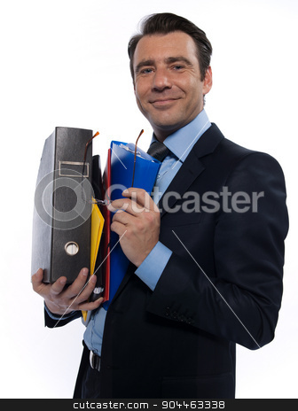 To use this stock image in your creative project, please select the size you need over to the right and click the "Add to Cart" button.
Your downloaded image will come with the Cutcaster watermark removed so don’t worry about the watermark you see on this page. Man Portrait holding files stock photo, man businessman holding files confident arrogant isolated studio on white background by Ishadow