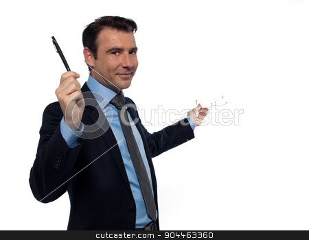 To use this stock image in your creative project, please select the size you need over to the right and click the "Add to Cart" button.
Your downloaded image will come with the Cutcaster watermark removed so don’t worry about the watermark you see on this page. man professor teaching beckoning pointing empty copy space stock photo, one man professor teaching beckoning pointing empty copy space isolated studio on white background by Ishadow