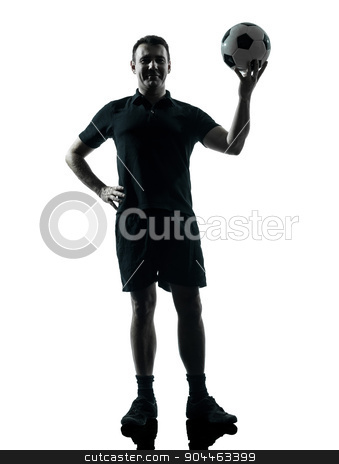 To use this stock image in your creative project, please select the size you need over to the right and click the "Add to Cart" button.
Your downloaded image will come with the Cutcaster watermark removed so don’t worry about the watermark you see on this page. man soccer player silhouette stock photo, one man soccer player holding ball in studio silhouette isolated on white background by Ishadow