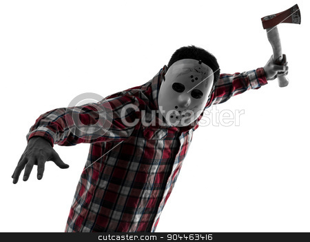 To use this stock image in your creative project, please select the size you need over to the right and click the "Add to Cart" button.
Your downloaded image will come with the Cutcaster watermark removed so don’t worry about the watermark you see on this page. man serial killer with axe silhouette portrait stock photo, one man serial killer with mask portrait in silhouette studio isolated on white background by Ishadow