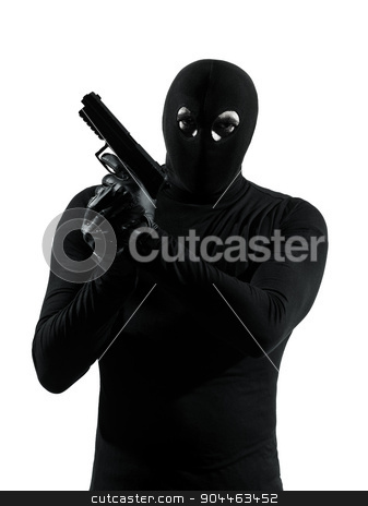 To use this stock image in your creative project, please select the size you need over to the right and click the "Add to Cart" button.
Your downloaded image will come with the Cutcaster watermark removed so don’t worry about the watermark you see on this page. thief criminal terrorist holding gun portrait silhouette stock photo, thief criminal terrorist holding gun portrait in silhouette studio isolated on white background by Ishadow