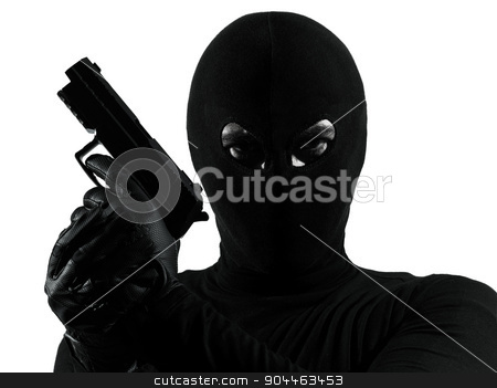 To use this stock image in your creative project, please select the size you need over to the right and click the "Add to Cart" button.
Your downloaded image will come with the Cutcaster watermark removed so don’t worry about the watermark you see on this page. thief criminal terrorist holding gun portrait silhouette stock photo, thief criminal terrorist holding gun portrait in silhouette studio isolated on white background by Ishadow