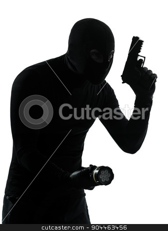 To use this stock image in your creative project, please select the size you need over to the right and click the "Add to Cart" button.
Your downloaded image will come with the Cutcaster watermark removed so don’t worry about the watermark you see on this page. thief criminal terrorist silhouette stock photo, thief criminal terrorist in silhouette studio isolated on white background by Ishadow