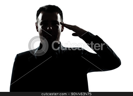 To use this stock image in your creative project, please select the size you need over to the right and click the "Add to Cart" button.
Your downloaded image will come with the Cutcaster watermark removed so don’t worry about the watermark you see on this page. silhouette man portrait army salute stock photo, one man army salute gesture portrait silhouette in studio isolated white background by Ishadow