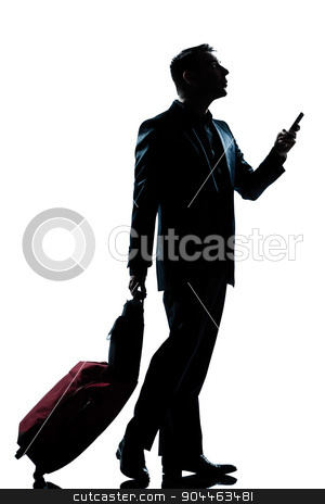 To use this stock image in your creative project, please select the size you need over to the right and click the "Add to Cart" button.
Your downloaded image will come with the Cutcaster watermark removed so don’t worry about the watermark you see on this page. silhouette man walking on the phone full length stock photo, one business traveler man walking on the phone with suitcase full length silhouette in studio isolated white background by Ishadow