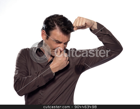 To use this stock image in your creative project, please select the size you need over to the right and click the "Add to Cart" button.
Your downloaded image will come with the Cutcaster watermark removed so don’t worry about the watermark you see on this page. Man Portrait sweat perspiring stock photo, man perspiring unpleasant smell isolated studio on white background by Ishadow