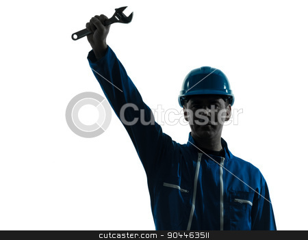 To use this stock image in your creative project, please select the size you need over to the right and click the "Add to Cart" button.
Your downloaded image will come with the Cutcaster watermark removed so don’t worry about the watermark you see on this page. repair man worker saluting silhouette stock photo, one repairman worker saluting silhouette in studio on white background by Ishadow