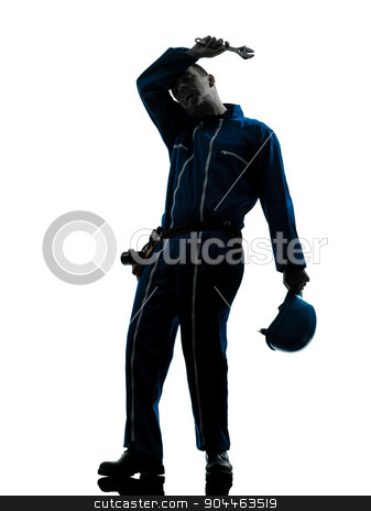 To use this stock image in your creative project, please select the size you need over to the right and click the "Add to Cart" button.
Your downloaded image will come with the Cutcaster watermark removed so don’t worry about the watermark you see on this page. repair man worker tired fatigue silhouette stock photo, one repairman worker tired fatigue silhouette in studio on white background by Ishadow
