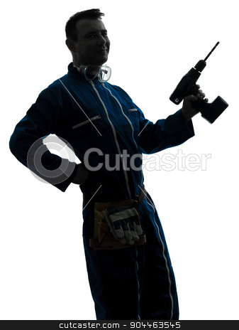To use this stock image in your creative project, please select the size you need over to the right and click the "Add to Cart" button.
Your downloaded image will come with the Cutcaster watermark removed so don’t worry about the watermark you see on this page. man construction worker holding drill silhouette stock photo, one man construction worker holding drill silhouette in studio on white background by Ishadow