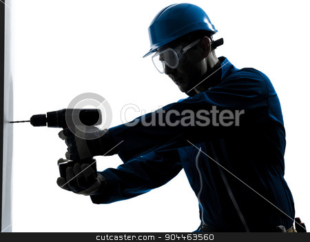 To use this stock image in your creative project, please select the size you need over to the right and click the "Add to Cart" button.
Your downloaded image will come with the Cutcaster watermark removed so don’t worry about the watermark you see on this page. man construction worker holding drill silhouette stock photo, one man construction worker holding drill silhouette in studio on white background by Ishadow