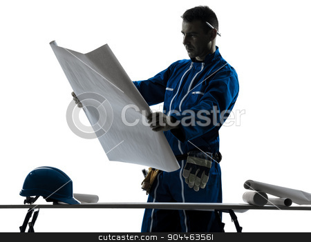 To use this stock image in your creative project, please select the size you need over to the right and click the "Add to Cart" button.
Your downloaded image will come with the Cutcaster watermark removed so don’t worry about the watermark you see on this page. man construction Architect silhouette stock photo, one man construction Architect working plans silhouette in studio on white background by Ishadow
