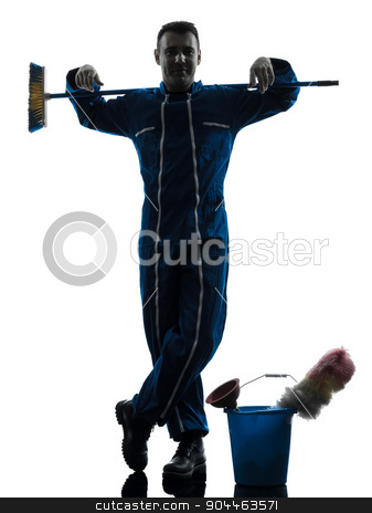 To use this stock image in your creative project, please select the size you need over to the right and click the "Add to Cart" button.
Your downloaded image will come with the Cutcaster watermark removed so don’t worry about the watermark you see on this page. man janitor cleaner cleaning silhouette stock photo, one janitor cleaner cleaning silhouette in studio on white background by Ishadow
