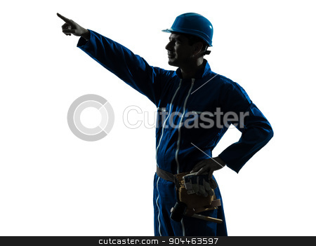 To use this stock image in your creative project, please select the size you need over to the right and click the "Add to Cart" button.
Your downloaded image will come with the Cutcaster watermark removed so don’t worry about the watermark you see on this page. man construction worker pointing showing silhouette portrait stock photo, one man construction worker pointing showing silhouette portrait in studio on white background by Ishadow