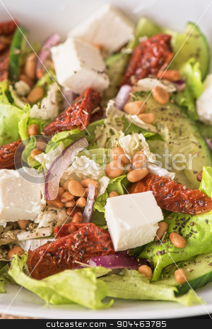To use this stock image in your creative project, please select the size you need over to the right and click the "Add to Cart" button.
Your downloaded image will come with the Cutcaster watermark removed so don’t worry about the watermark you see on this page. tasty salad stock photo, Salad feta cheese lettuce sausage cucumbers and pine nuts by olinchuk