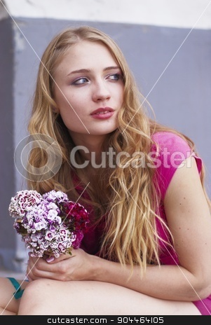 To use this stock image in your creative project, please select the size you need over to the right and click the "Add to Cart" button.
Your downloaded image will come with the Cutcaster watermark removed so don’t worry about the watermark you see on this page. Waiting pretty girl with bouquet stock photo, Young attractive woman sitting near entrance of house by Aikon
