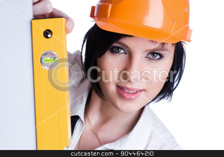To use this stock image in your creative project, please select the size you need over to the right and click the "Add to Cart" button.
Your downloaded image will come with the Cutcaster watermark removed so don’t worry about the watermark you see on this page. Pretty girl in helmet with level stock photo, Young attractive worker with protection helmet and level at isolated background by Aikon