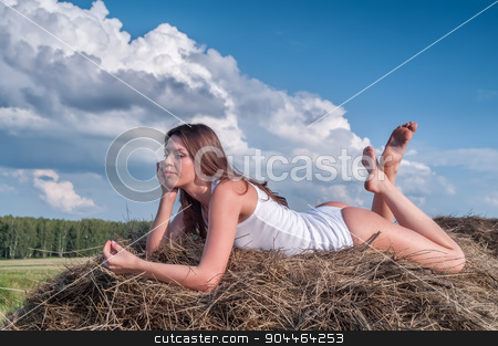To use this stock image in your creative project, please select the size you need over to the right and click the "Add to Cart" button.
Your downloaded image will come with the Cutcaster watermark removed so don’t worry about the watermark you see on this page. Young beautiful woman on hay stock photo, Sexy young brunette woman relaxing on hay stack by Aikon