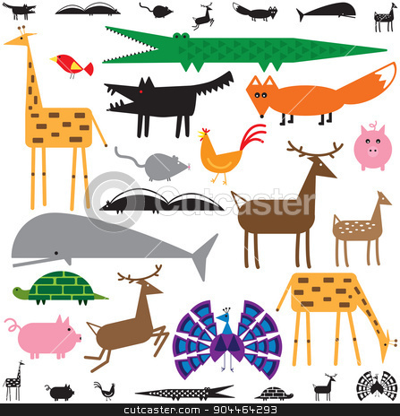 To use this stock image in your creative project, please select the size you need over to the right and click the "Add to Cart" button.
Your downloaded image will come with the Cutcaster watermark removed so don’t worry about the watermark you see on this page. Animals stock vector clipart, Variety of stylized animals in color and black and white by Adrian Sawvel