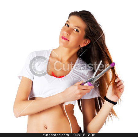 To use this stock image in your creative project, please select the size you need over to the right and click the "Add to Cart" button.
Your downloaded image will come with the Cutcaster watermark removed so don’t worry about the watermark you see on this page. Pretty girl with fluting iron stock photo, Young beautiful woman with fluting iron, isolated on white by Aikon