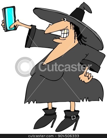 To use this stock image in your creative project, please select the size you need over to the right and click the "Add to Cart" button.
Your downloaded image will come with the Cutcaster watermark removed so don’t worry about the watermark you see on this page. Witch taking a selfie stock photo, This illustration depicts a chubby witch holding her smartphone out and taking a selfie. by Dennis Cox