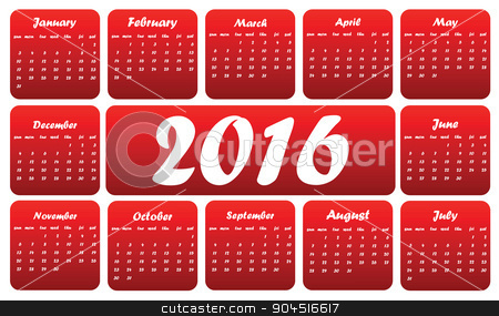 To use this stock image in your creative project, please select the size you need over to the right and click the "Add to Cart" button.
Your downloaded image will come with the Cutcaster watermark removed so don’t worry about the watermark you see on this page. Red 2016 calendar stock vector clipart, Red 2016 calendar, in English, squares on white background by ylivdesign