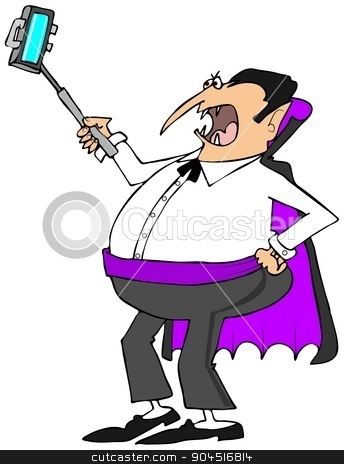 To use this stock image in your creative project, please select the size you need over to the right and click the "Add to Cart" button.
Your downloaded image will come with the Cutcaster watermark removed so don’t worry about the watermark you see on this page. Vampire with a selfy stick stock photo, This illustration depicts a vampire using a selfy stick to take a photo of himself. by Dennis Cox