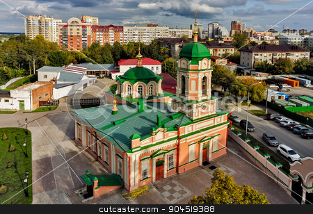 To use this stock image in your creative project, please select the size you need over to the right and click the "Add to Cart" button.
Your downloaded image will come with the Cutcaster watermark removed so don’t worry about the watermark you see on this page. Bird eye view on Ilyinsky temple. Tyumen. Russia stock photo, Tyumen, Russia - September 3, 2015: Aerial view onto Ilyinsky temple of Ilyinsky woman convent by Aikon