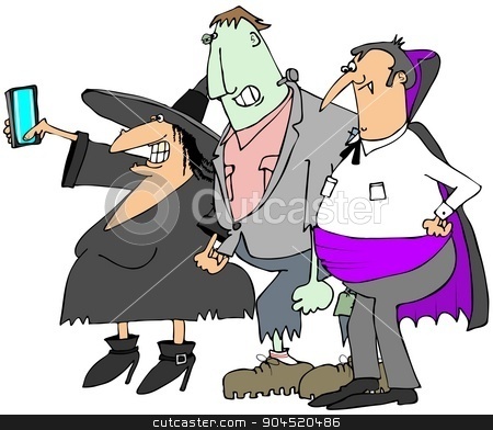 To use this stock image in your creative project, please select the size you need over to the right and click the "Add to Cart" button.
Your downloaded image will come with the Cutcaster watermark removed so don’t worry about the watermark you see on this page. Halloween selfy stock photo, This illustration depicts a vampire, monster and a witch taking a selfy photograph. by Dennis Cox