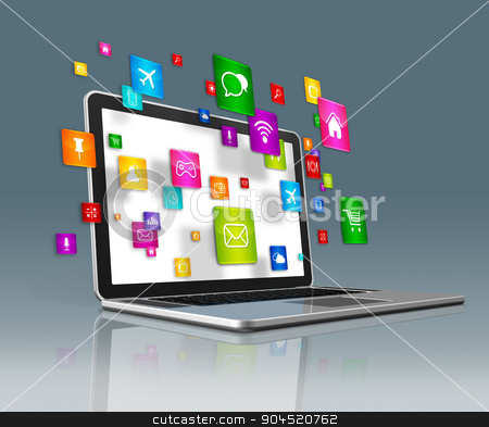 To use this stock image in your creative project, please select the size you need over to the right and click the "Add to Cart" button.
Your downloaded image will come with the Cutcaster watermark removed so don’t worry about the watermark you see on this page. Laptop Computer and flying apps icons on a futuristic background stock photo, 3D Laptop Computer with flying apps icons - isolated on a futuristic background by Laurent Davoust