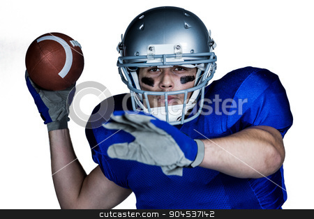 To use this stock image in your creative project, please select the size you need over to the right and click the "Add to Cart" button.
Your downloaded image will come with the Cutcaster watermark removed so don’t worry about the watermark you see on this page. Portrait of American football player with ball playing stock photo, Portrait of American football player with ball playing against white background by Wavebreak Media