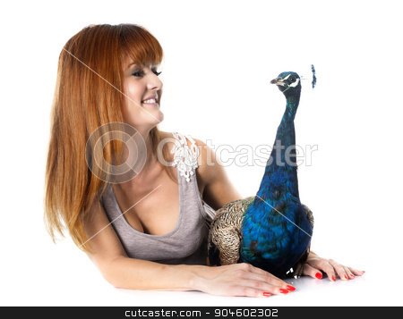 To use this stock image in your creative project, please select the size you need over to the right and click the "Add to Cart" button.
Your downloaded image will come with the Cutcaster watermark removed so don’t worry about the watermark you see on this page. young woman and peacock stock photo, young woman and peacock in front of white background by Bonzami Emmanuelle