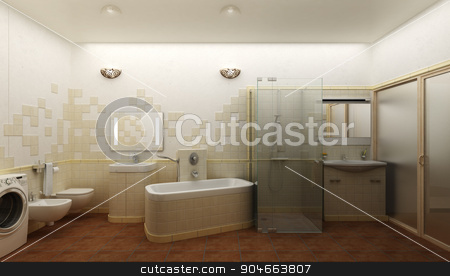 To use this stock image in your creative project, please select the size you need over to the right and click the "Add to Cart" button.
Your downloaded image will come with the Cutcaster watermark removed so don’t worry about the watermark you see on this page. 3D rendering of a modern bathroom interior design stock photo, 3d clay render of a modern bathroom interior design, 3D rendering by Vassiliy Kochetkov