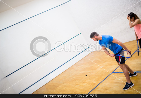 To use this stock image in your creative project, please select the size you need over to the right and click the "Add to Cart" button.
Your downloaded image will come with the Cutcaster watermark removed so don’t worry about the watermark you see on this page. Couple play some squash together stock photo, Couple play some squash together in the squash court by Wavebreak Media
