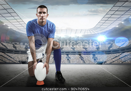 To use this stock image in your creative project, please select the size you need over to the right and click the "Add to Cart" button.
Your downloaded image will come with the Cutcaster watermark removed so don’t worry about the watermark you see on this page. Composite image of full length portrait of rugby player placing stock photo, Full length portrait of rugby player placing ball against rugby stadium by Wavebreak Media