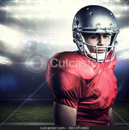 To use this stock image in your creative project, please select the size you need over to the right and click the "Add to Cart" button.
Your downloaded image will come with the Cutcaster watermark removed so don’t worry about the watermark you see on this page. Composite image of close-up of confident american football playe stock photo, Close-up of confident American football player against american football arena by Wavebreak Media
