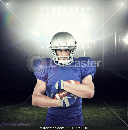 To use this stock image in your creative project, please select the size you need over to the right and click the "Add to Cart" button.
Your downloaded image will come with the Cutcaster watermark removed so don’t worry about the watermark you see on this page. Composite image of portrait of sportsman holding ball stock photo, Portrait of sportsman holding ball against american football arena by Wavebreak Media