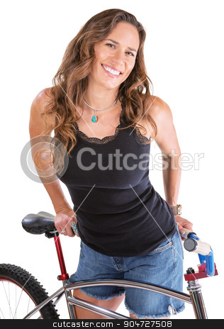 To use this stock image in your creative project, please select the size you need over to the right and click the "Add to Cart" button.
Your downloaded image will come with the Cutcaster watermark removed so don’t worry about the watermark you see on this page. Cheerful Woman with Mountain Bike stock photo, Cheerful Hispanic woman in blue jeans shorts with bike by Scott Griessel
