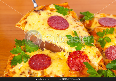 To use this stock image in your creative project, please select the size you need over to the right and click the "Add to Cart" button.
Your downloaded image will come with the Cutcaster watermark removed so don’t worry about the watermark you see on this page. slice of pizza stock photo, slice of pizza with cheese and salami closeup by MegaArt