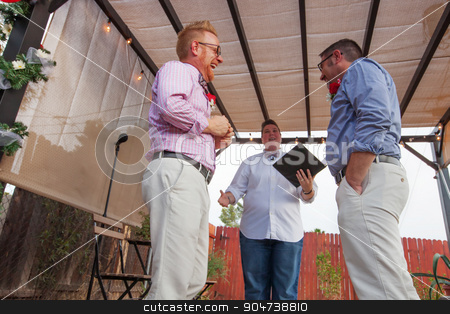 To use this stock image in your creative project, please select the size you need over to the right and click the "Add to Cart" button.
Your downloaded image will come with the Cutcaster watermark removed so don’t worry about the watermark you see on this page. Laughing Gay Couple in Marriage stock photo, Laughing gay couple in ceremony with minister by Scott Griessel