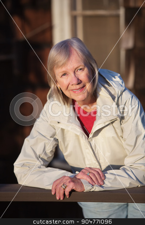 To use this stock image in your creative project, please select the size you need over to the right and click the "Add to Cart" button.
Your downloaded image will come with the Cutcaster watermark removed so don’t worry about the watermark you see on this page. Senior Woman Leaning on Railing stock photo, Happy senior adult female leaning on railing outdoors by Scott Griessel
